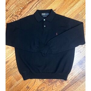 Polo Ralph Lauren Mens Black 100% Lambswool Long Sleeve Polo Sweater Large L